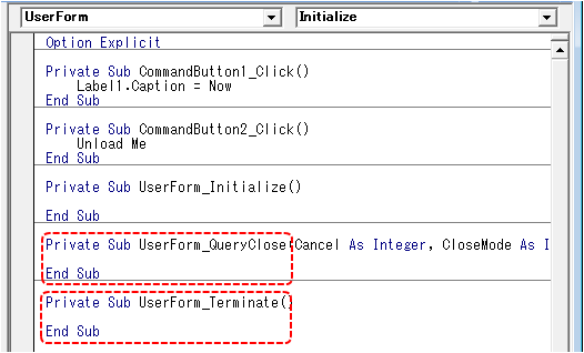 QueryClose と Terminate イベントが追加された様子